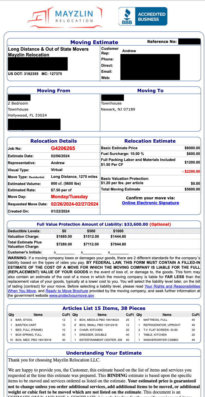 Florida to New Jersey - Mayzlin Relocation