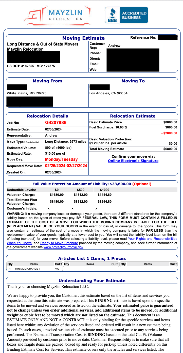 Maryland to California - Mayzlin Relocation