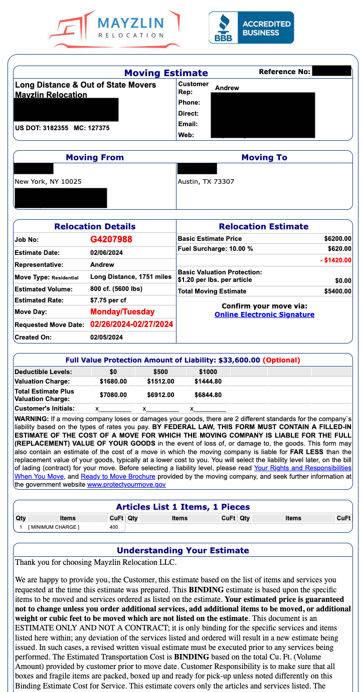 New York to Texas - Mayzlin Relocation