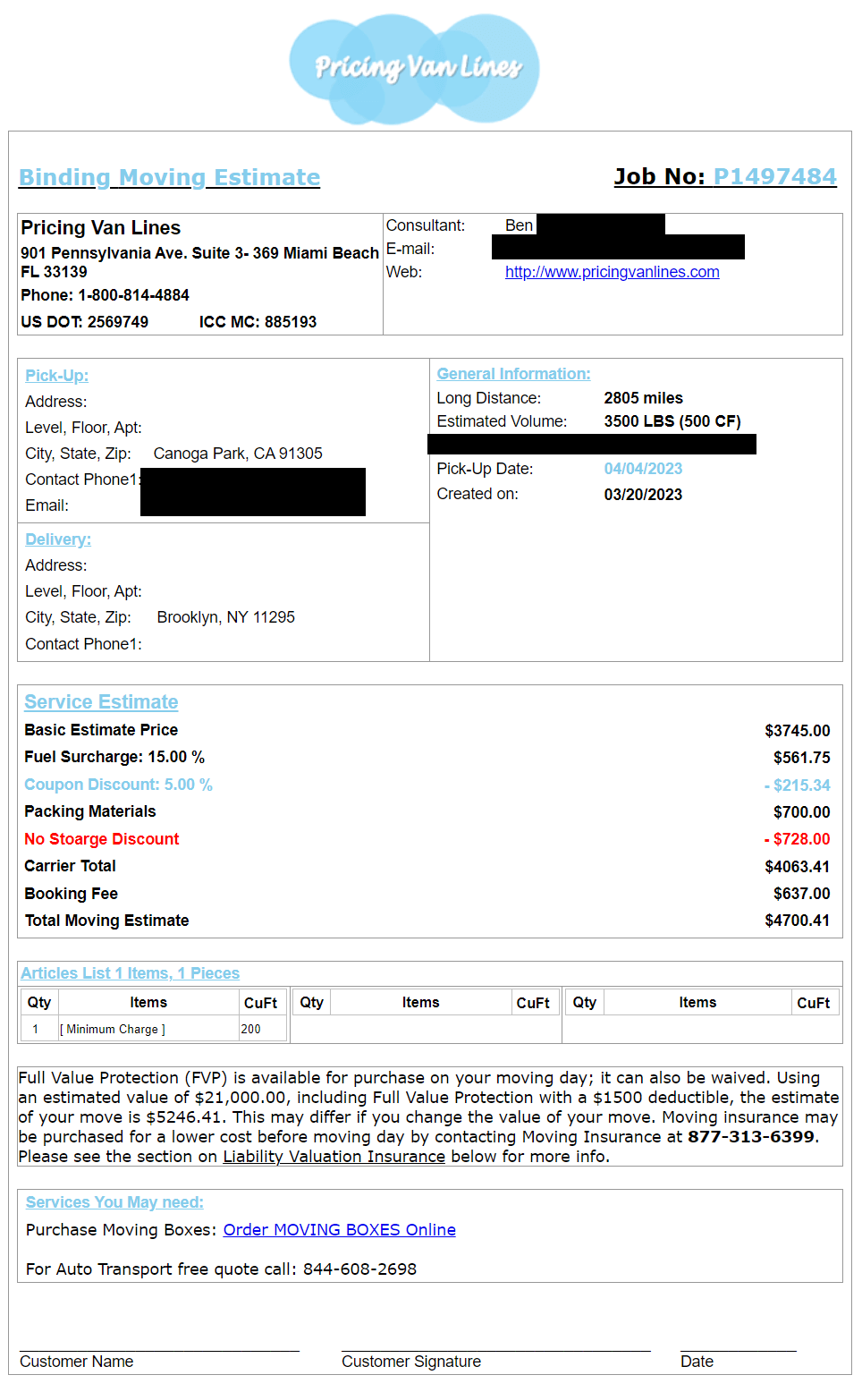 Pricing Van Lines Estimate - CA-NY