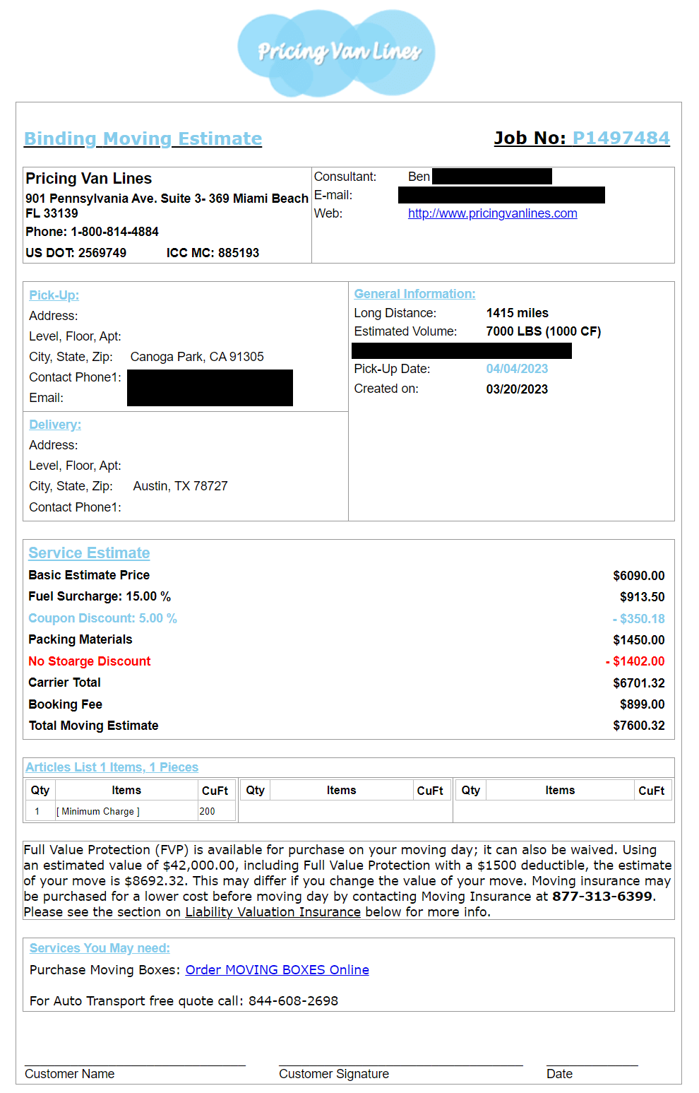 Pricing Van Lines Estimate - CA-TX