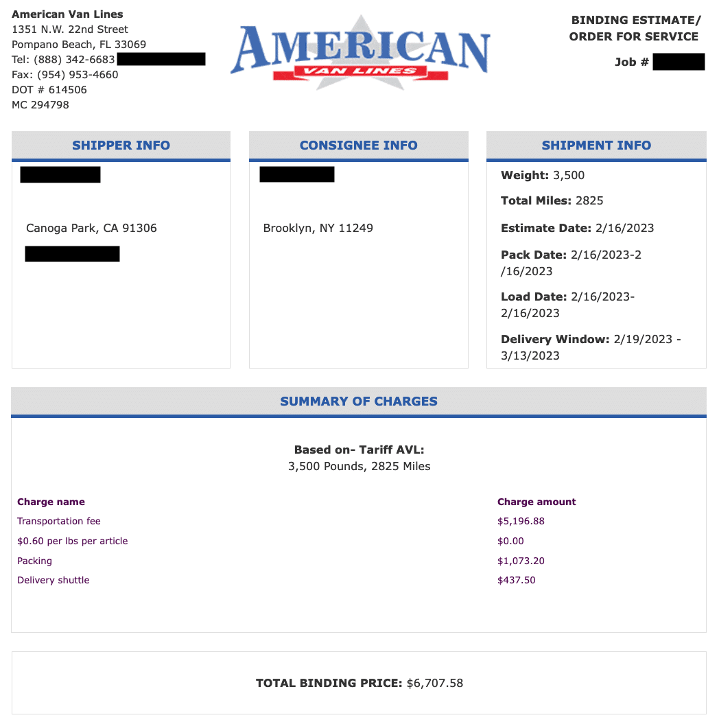 Move #2: California to New York, 3500 pounds 