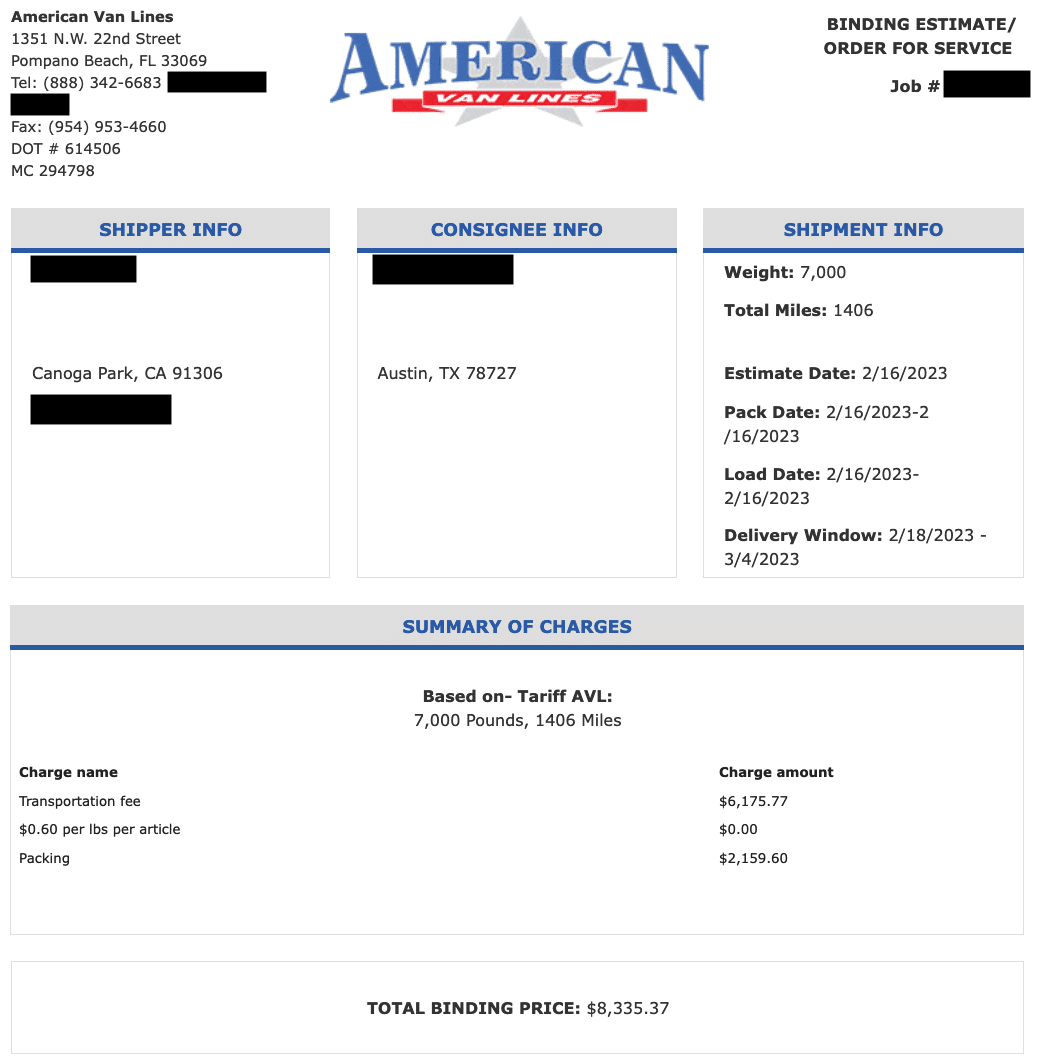 Move #1: California to Texas, 7000 pounds