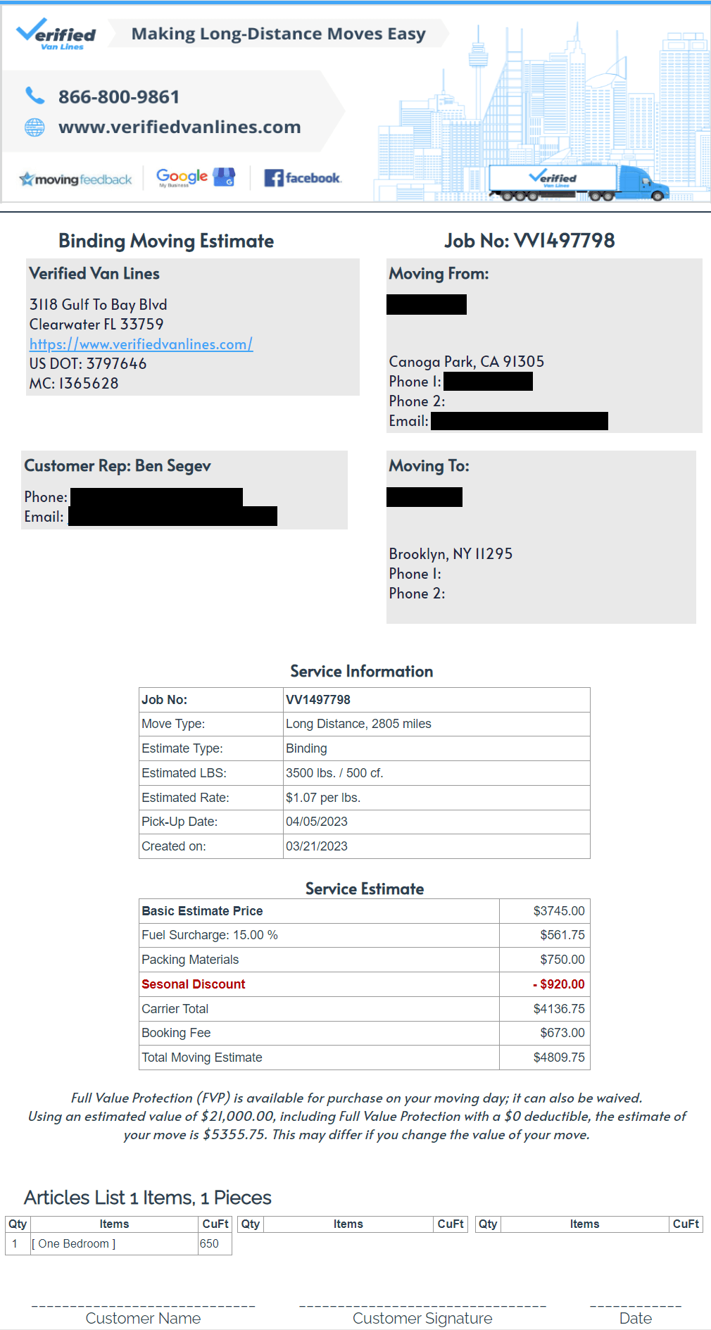 Verified Van Lines - CA-NY