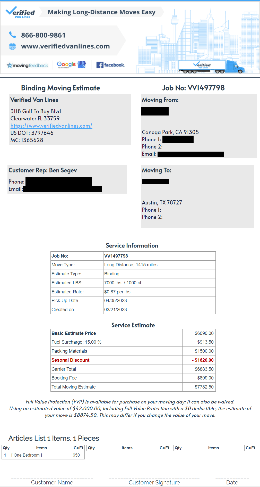 Verified Van Lines - CA-TX