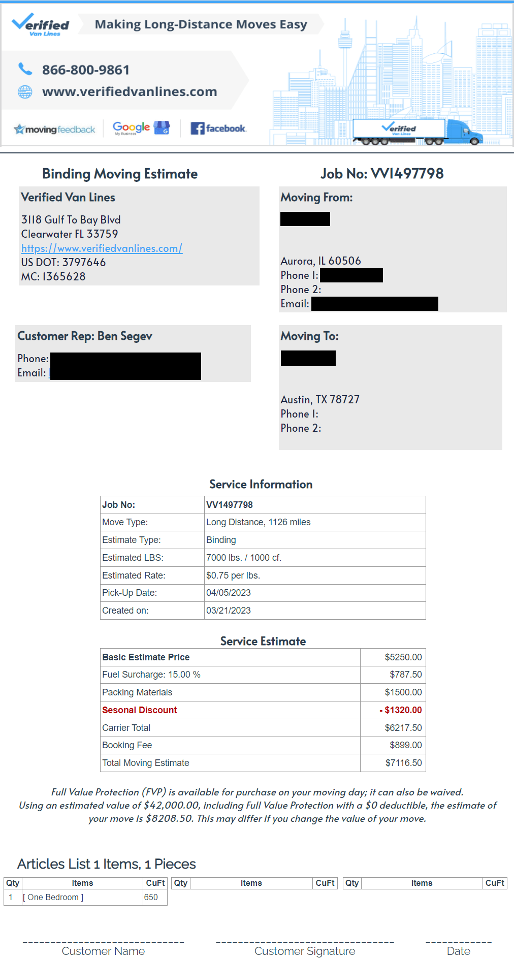 Verified Van Lines - IL-TX